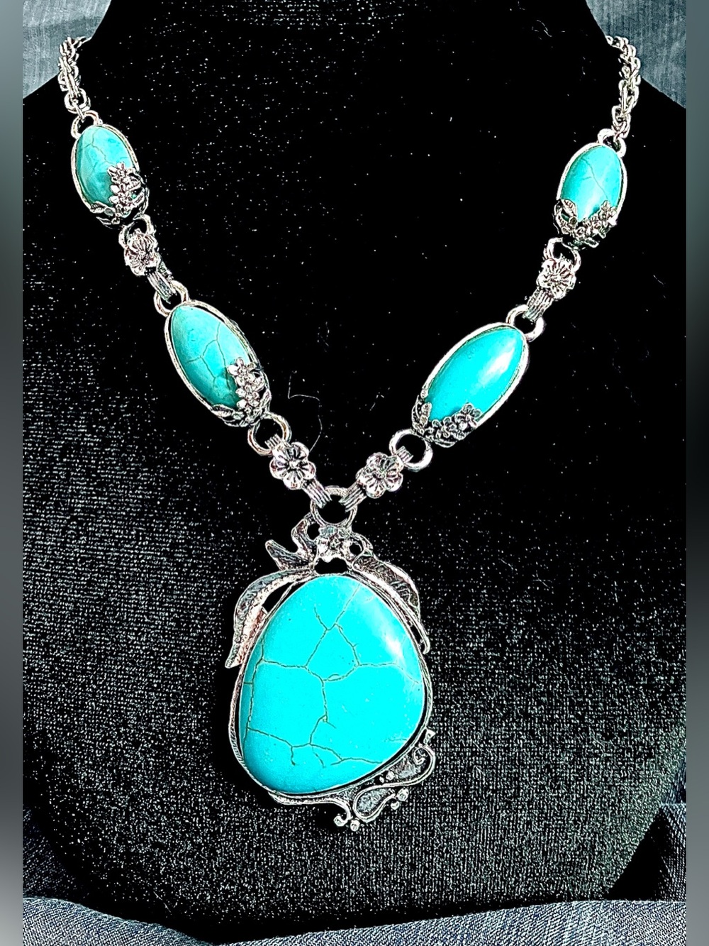 Turquoise Stone Pendant Necklace - Blue Silver Floral Design